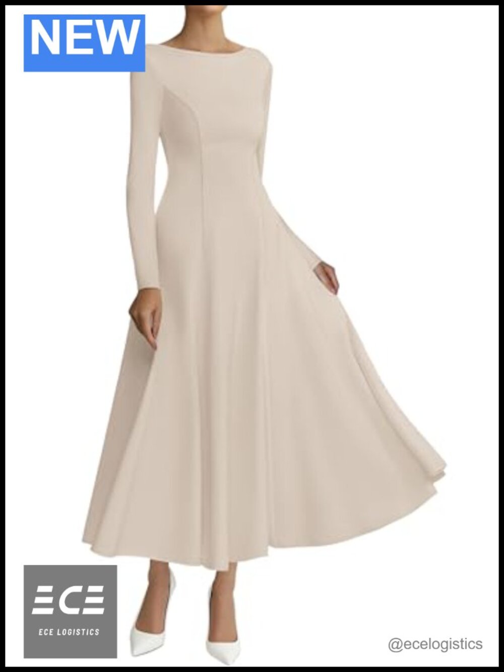 Women's Long Sleeve A-Line Maxi Wedding Guest Dress Fit Flare Knit